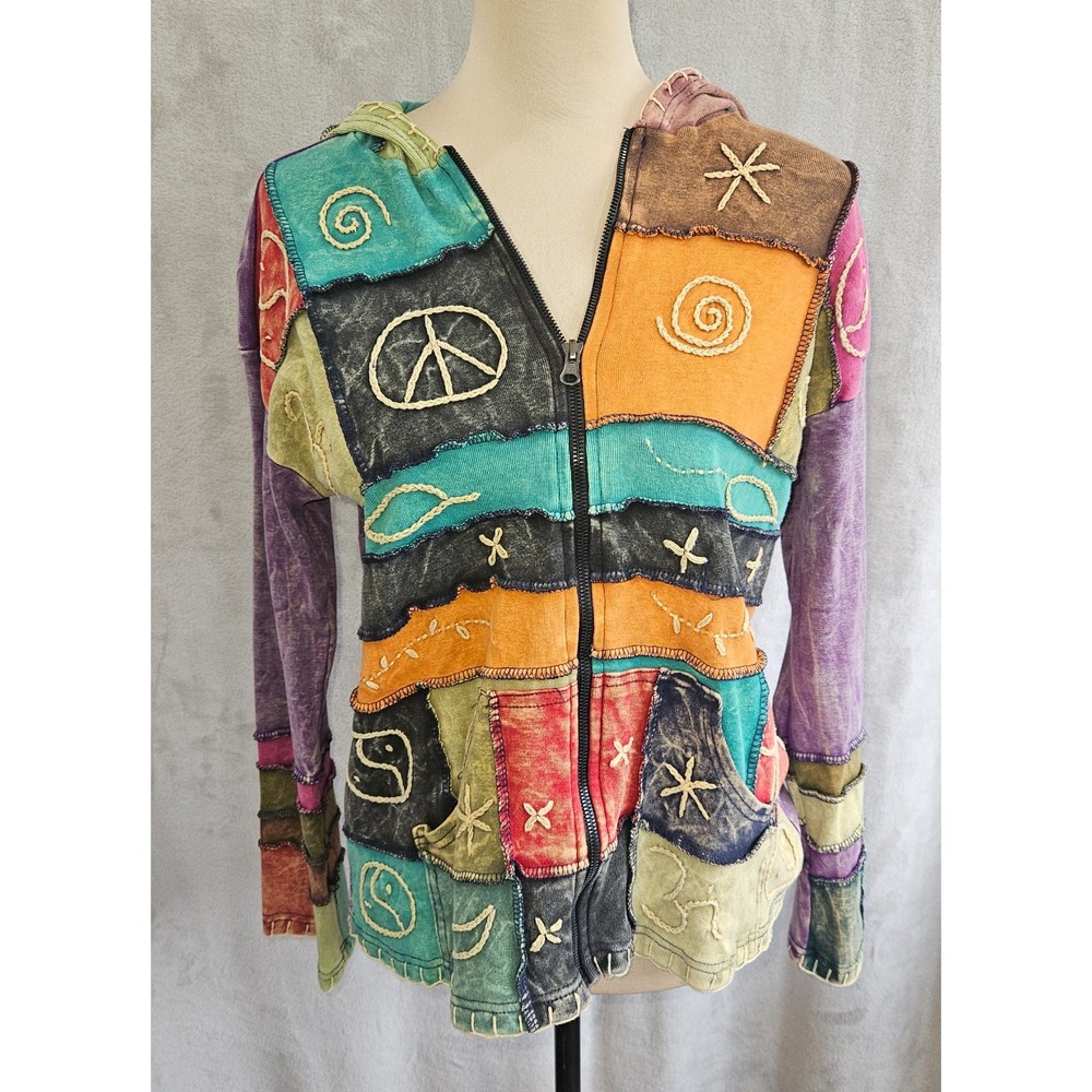 Vintage Rising International Patchwork Embroidered Hoodie Jacket Boho Hippie 90s